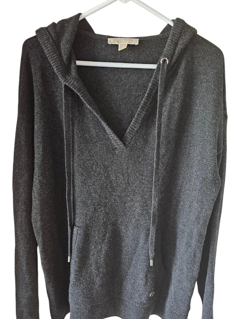 MICHAEL Michael Kors Knit Hoodie Sweater Charcoal Grey V-Neck Size Xl